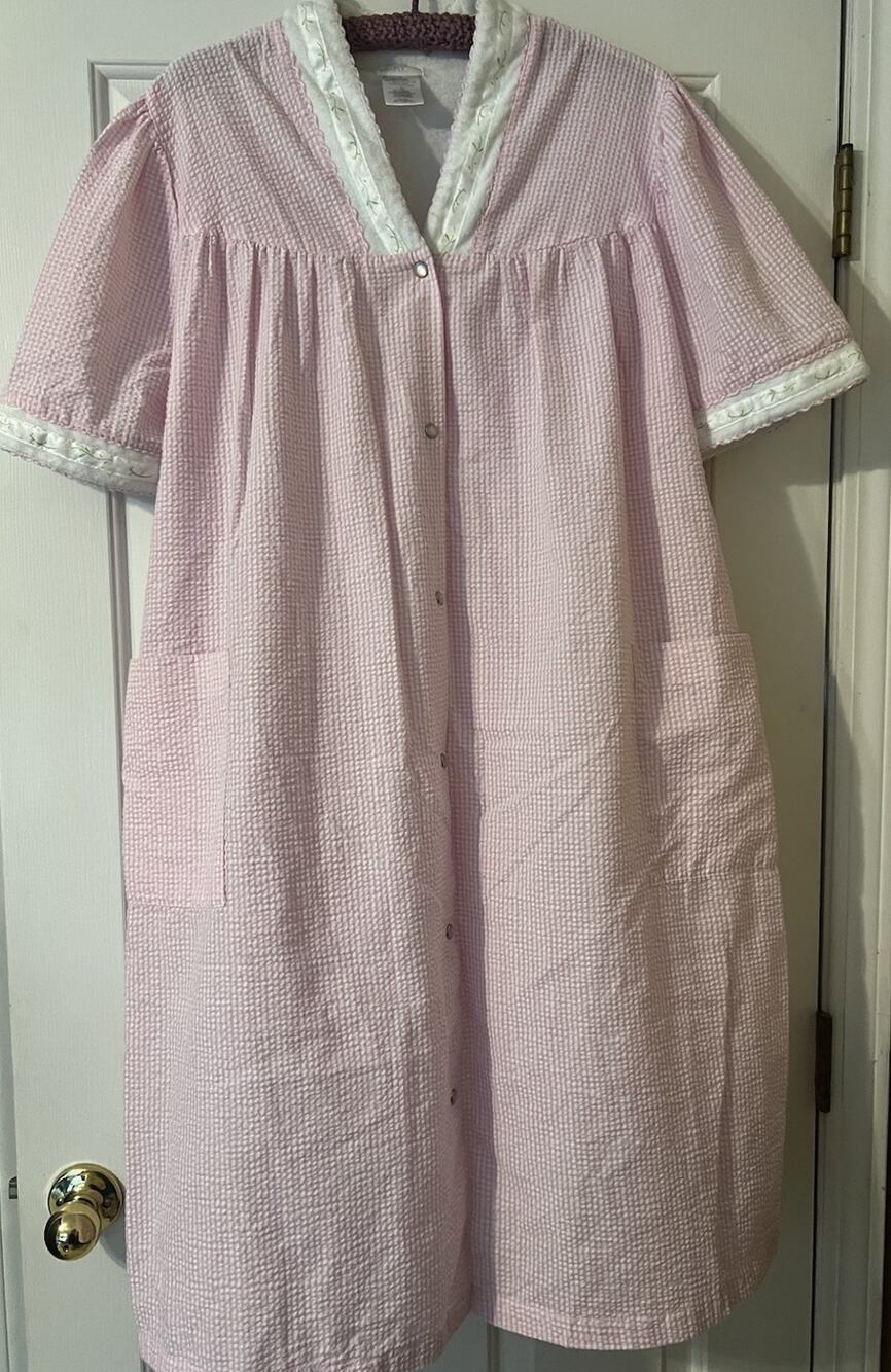 Vtg Walmart Simply Basic Seersucker Duster Robe Pink Gingham Snap Front XL 90s